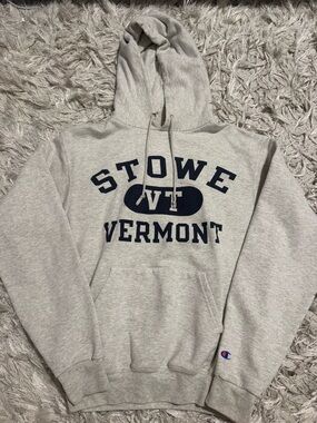 Champion Heather Gray Hoodie with Navy Logo Accent